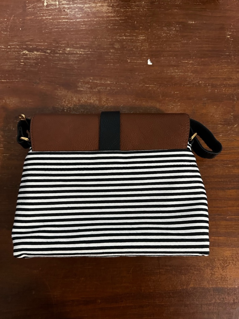 Fossil Brown Leather Flap Crossbody with Black & White Stripes - Picture 2 of 4